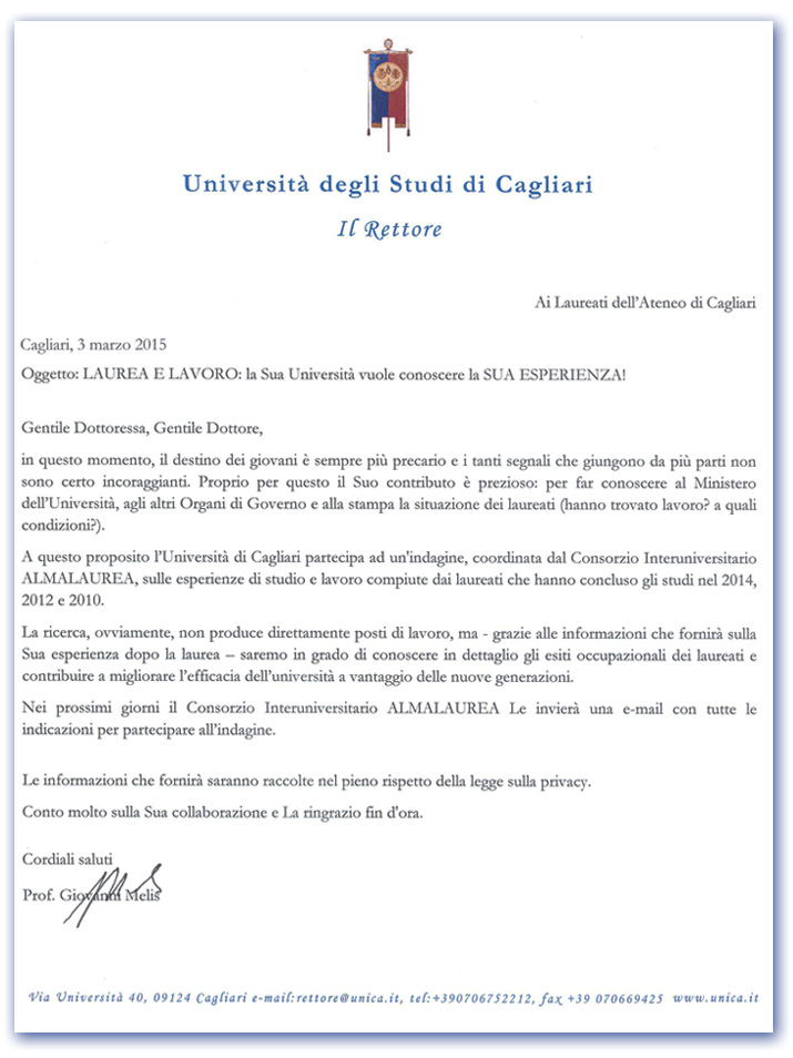 lettera di invito ai laureati dell’università di cagliari