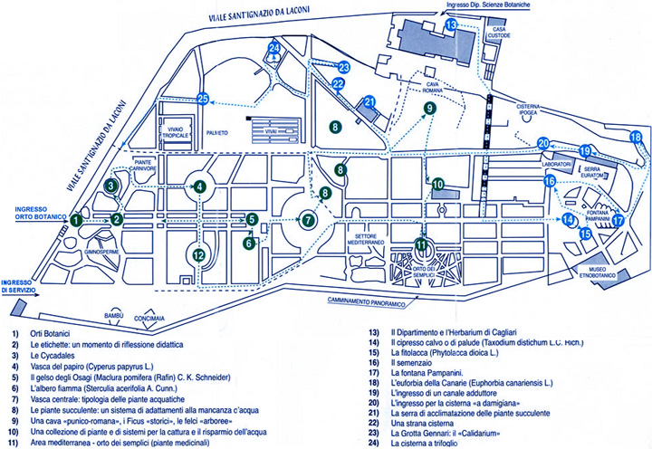 mappa dell’orto botanico di cagliari e delle sue strutture
