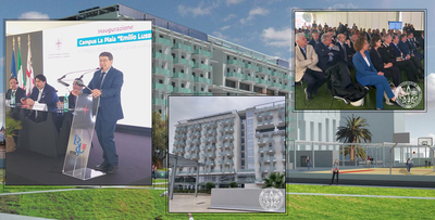 Nei riquadri alcuni scatti dai social dell'ateneo, sullo sfondo un rendering del nuovo campus