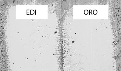 Pitture murarie su pilastro in cemento dopo due anni dall&rsquo;applicazione. Pittura commerciale (EDI) e pittura sperimentale (ORO)