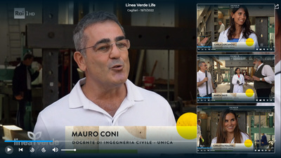 Il professor Mauro Coni in un fotogramma della registrazione. Nei riquadri le dottoresse ingegnere Carla Carcangiu, Marta Salis e Carlotta Follesa