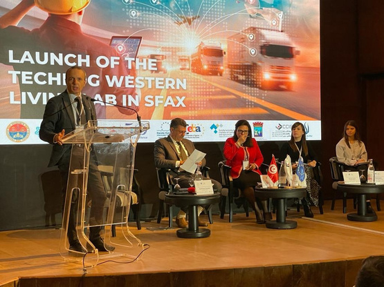 Sfax (Tunisia). Una fase dell'intervento del professor Fancello alla conferenza di lancio del Western Living Lab, durante la seconda giornata di lavori, mercoled&igrave; 23 novembre