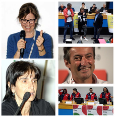 Foto 2017/2019. Dall'alto, a sinistra: Micaela Morelli e Valeria Sogos. A destra, i calciatori Miangue e Barella col giornalista Mario Frongia, il velista Andrea Mura e i cestisti della Dinamo Academy, tra gli ospiti degli scorsi UniStem Day UniCa