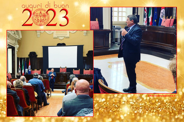 Cagliari, 21/12/2022. Gli auguri del magnifico rettore e del direttore generale durante l'incontro con il personale nell'aula magna del rettorato di Cagliari