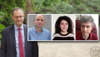 Nella foto il prorettore alla Ricerca di UniCa, Luciano Colombo. Nei riquadri, da sinistra: il professor Giovanni Luigi Carlo Bongiovanni, la ricercatrice Angelica Simbula e il direttore del Dipartimento di Fisica, prof. Gianluca Usai