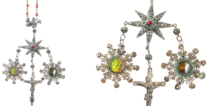 Nell'immagine: particolari del pregevole rosario in argento del XIX secolo, con crocefisso e due rosoni in filigrana a giorno con teca centrale a doppio vetro, appartenente alla Collezione "Luigi Piloni" dell'Universit&agrave; degli Studi di Cagliari