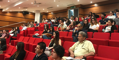 Monserrato. L'aula rossa della facolt&agrave; di medicina in Cittadella universitaria a Monserrato