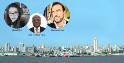 Sullo skyline di Maputo, da sinistra: Marta Pilleri (dottoranda di UniCa che ha trascorso un periodo Erasmus a Maputo), Joao Teodosio Tique e il professor Gianmarco Chiri
