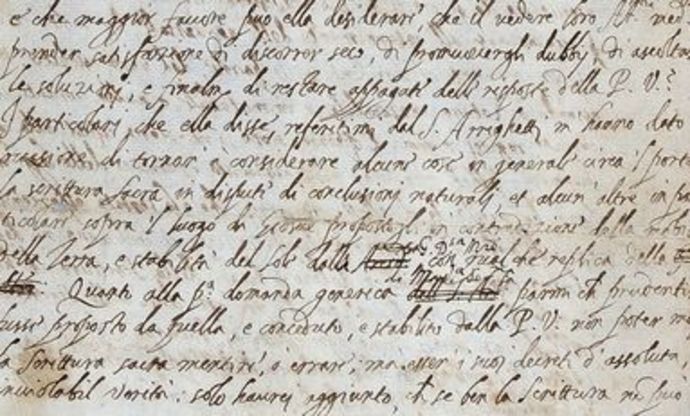 Una foto di alcune righe della "lettera in cui Galileo sostiene la libert&agrave; della ricerca scientifica dalla dottrina teologica