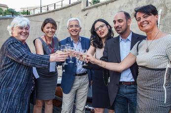 Cagliari. Maggio 2017, inaugurazione del Crea. Da sinistra, il rettore Maria Del Zompo, Annalisa Bonfiglio (presidente Crs4), Raffaele Paci, Maria Chiara Di Guardo, Davide Vannucci (Rai) e Marzia Cilloccu (assessore comunale attivit&agrave; produttive)