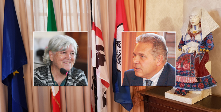 Nei riquadri il Rettore Maria Del Zompo e il Direttore Generale Aldo Urru. Sullo sfondo un particolare della Sala Riunioni del Consiglio di Amministrazione dell&rsquo;Universit&agrave; di Cagliari