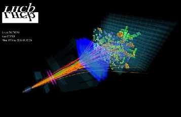 Ricostruzione di un tipico evento di LHCb: i diversi colori indicano i differenti tipi di particelle che emergono dalle collisioni (Credit: M. Brice/LHCb Collaboration)