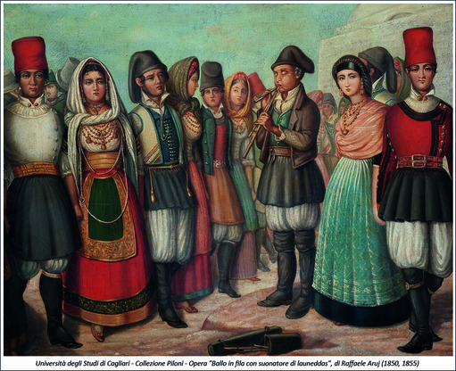 &ldquo;Ballo in fila con suonatore di Launeddas&rdquo; (particolare, clicca per ingrandire): antica festa e serenit&agrave; con danza e musica nell'opera di Raffaele Aruj (Cagliari, 1801 &dagger; 1855)