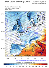 Un&rsquo;istantanea delle simulazioni svolte con Wrf durante il corso: mappa di colore della temperatura, isolinee a pressione costante e campo vettoriale di velocit&agrave;