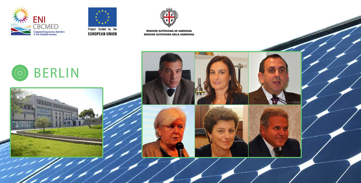 Nei riquadri, da sinistra: in alto F. Pilo, S. Mocci, G. Celli; in basso il rettore Maria Del Zompo, il prorettore all&rsquo;internazionalizzazione Alessandra Carucci e il direttore gen.le Aldo Urru. A lato l'edificio della Biblioteca di Monserrato