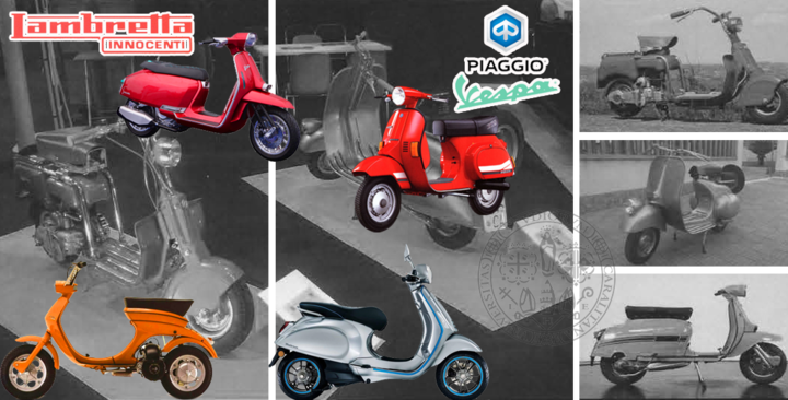 Molti esemplari storici di Vespa (Piaggio) e Lambretta (Innocenti) esposti nel piazzale antistante l&rsquo;aula magna di via Marengo