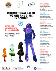 Nell'immagine da ingrandire, la locandina dell'evento Women and girls in Science 2020. A fondo pagina il link per scaricarla in formato PDF