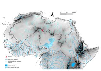 Ricostruzione dell&rsquo;antico reticolo di fiumi che solcava il Sahara con l'indicazione della posizione di Takarkori  (credit: Missione Archeologica nel Sahara, Universit&agrave; di Roma La Sapienza)
