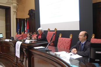 Un momento della conferenza stampa di presentazione, in Aula magna per rispettare le distanze previste dalle norme in materia di emergenza sanitaria