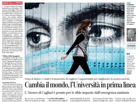 Il taglio alto della pagina interna de "L'Unione Sarda" con l'articolo firmato dal Rettore