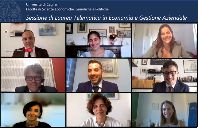 Un momento della discussione on line: dall'alto Alessandro Mura, Camilla Mola, Alice Giugnini, Stefano Matta, Luca Mocci, Lorenzo Annarumma, Silvia Macchia, Piera Loi, Elona Marku