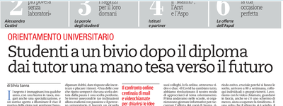 La prima pagina dello speciale Scuola&egrave;Lavoro su La Nuova Sardegna del 19 novembre 2020