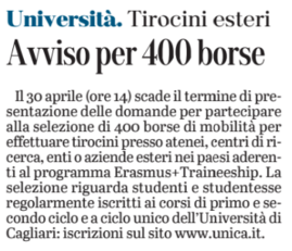 La notizia su L'Unione Sarda del 10 aprile 2021 a pagina 19