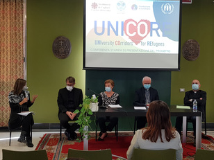 19 ottobre 2021. Un momento della conferenza stampa nella Curia arcivescovile. Da sinistra Maria Chiara Cugusi, Don Emanuele Meconcelli, Alessandra Carucci, monsignor Giuseppe Baturi e Don Marco Lai