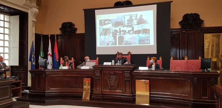 Cagliari. Una fase della conferenza stampa in aula magna. Da sinistra, Patrizia Serra, Gianfranco Fancello, Francesco Mola e Alessandra Carucci