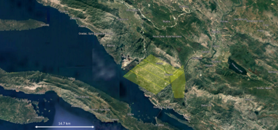 Nella foto, in giallo sono rappresentate le linee di volo seguite dall&rsquo;elicottero durante l&rsquo;acquisizione dei dati elettromagnetici sul delta del Neretva