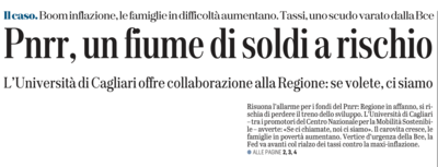 Il titolo a tutta pagina sulla prima de "L'Unione Sarda" di gioved&igrave; 16 giugno 2022
