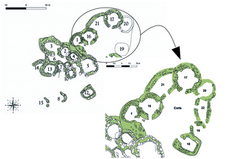 Fig. 2. Planimetria del villaggio di Bruncu &lsquo;e s&rsquo;Omu e dell&rsquo;isolato settentrionale (rilievo e restituzione grafica di Marco Cabras, rielaborazione di Cristina Concu)