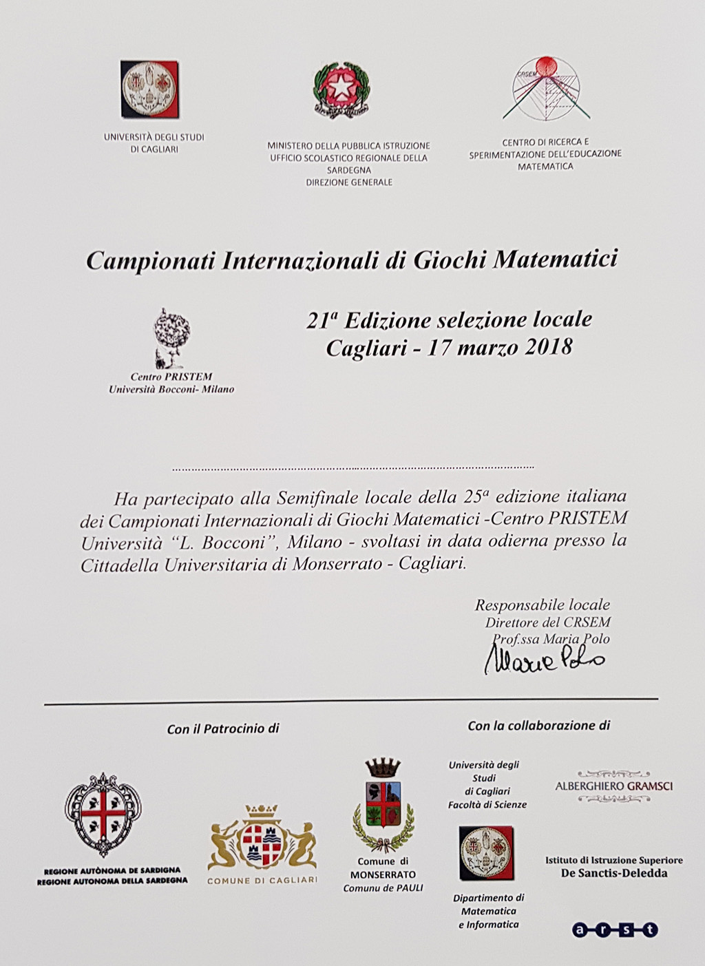 Giochi matematici 2018 - L'attestato di partecipazione